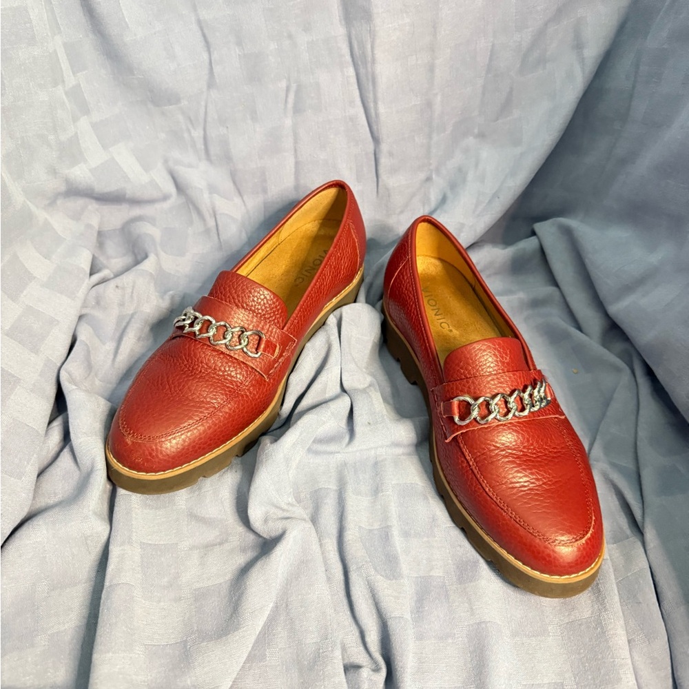 Red Leather Vionic Loafers with Chain Detail